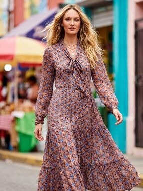 Marie Oliver Silk Viscose Dress XS Blue Copper Bow Tiered Midi Long Sleeve